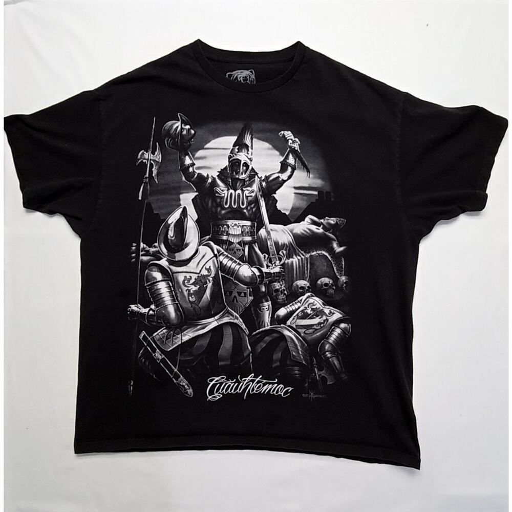 Aztec Warrior DGA Bear Graphic Shirt Cuauhtemoc Black 2XL Y2K Streetwear Tee
